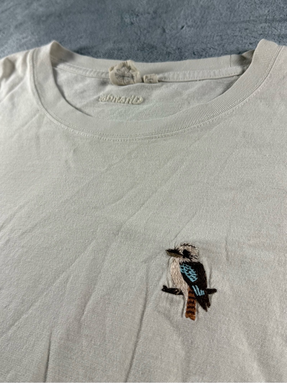 Ghanda Kookaburra Embroidered Hemp Blend T-Shirt Cream Men’s XL